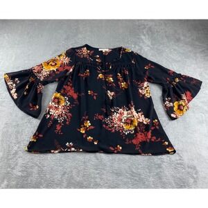 G Collection Black Floral Bell Sleeve Boho Tassel Tie Neck Blouse Top Women's M.